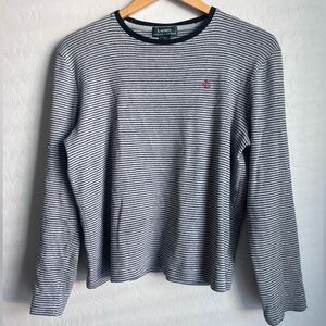 LAUREN By RALPH LAUREN 90s Y2K Stripped Black Gray Logo Long Sleeve Knit Top